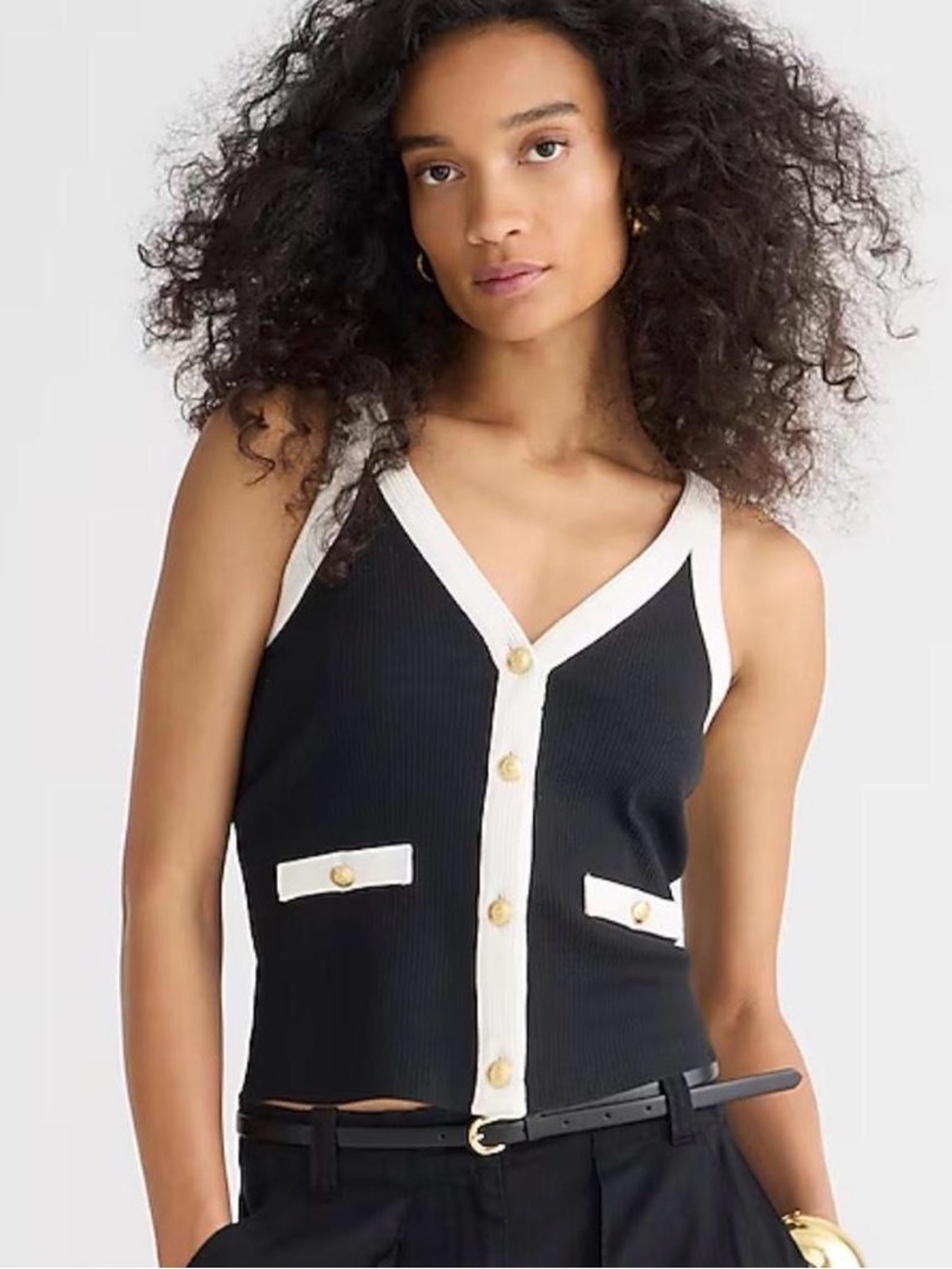 J. Crew Black Knit V-Neck Tank with White Trim & Gold Buttons